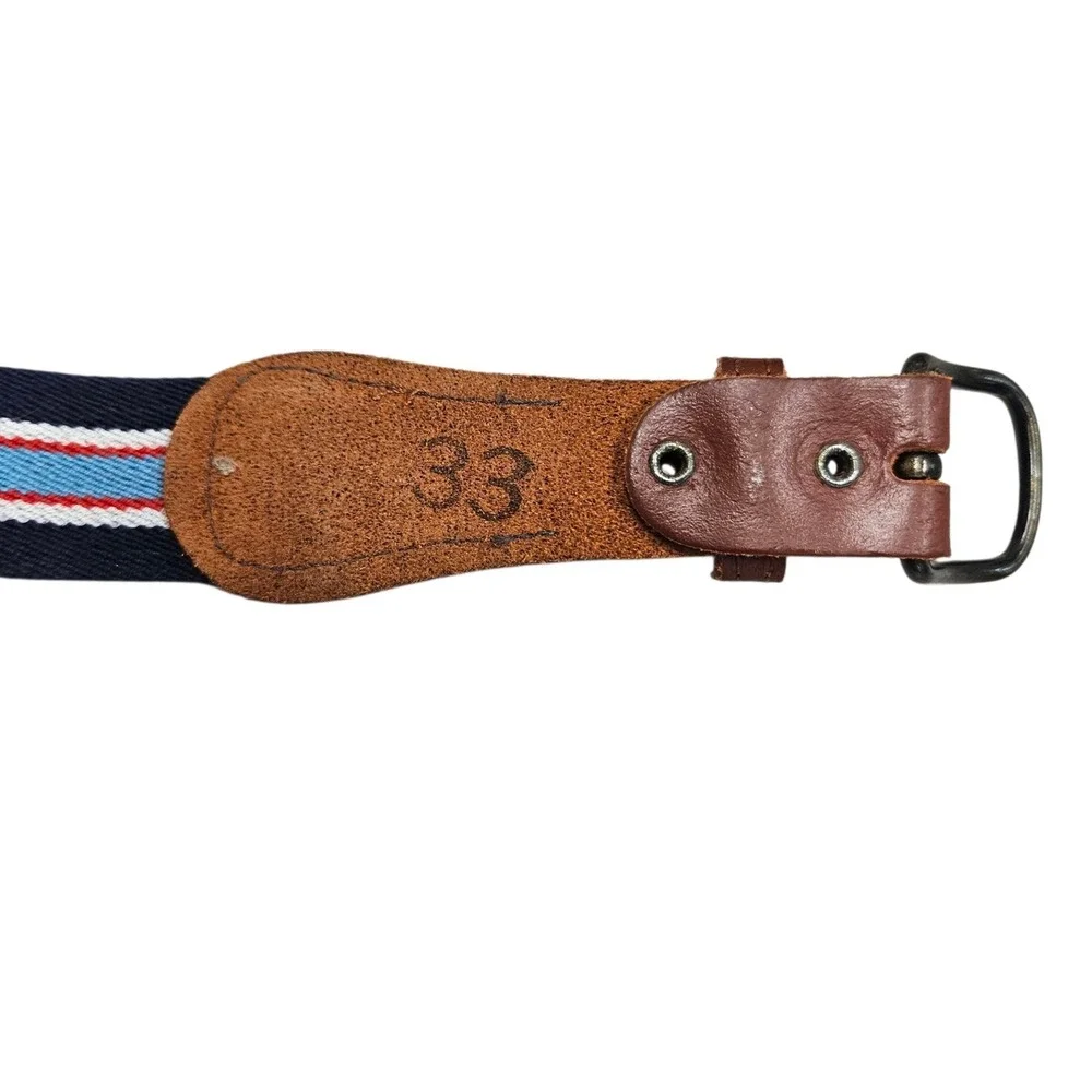 Striped Web Belt‎ 33 Genuine Leather Navy Blue Red Accents Casual Woven Preppy